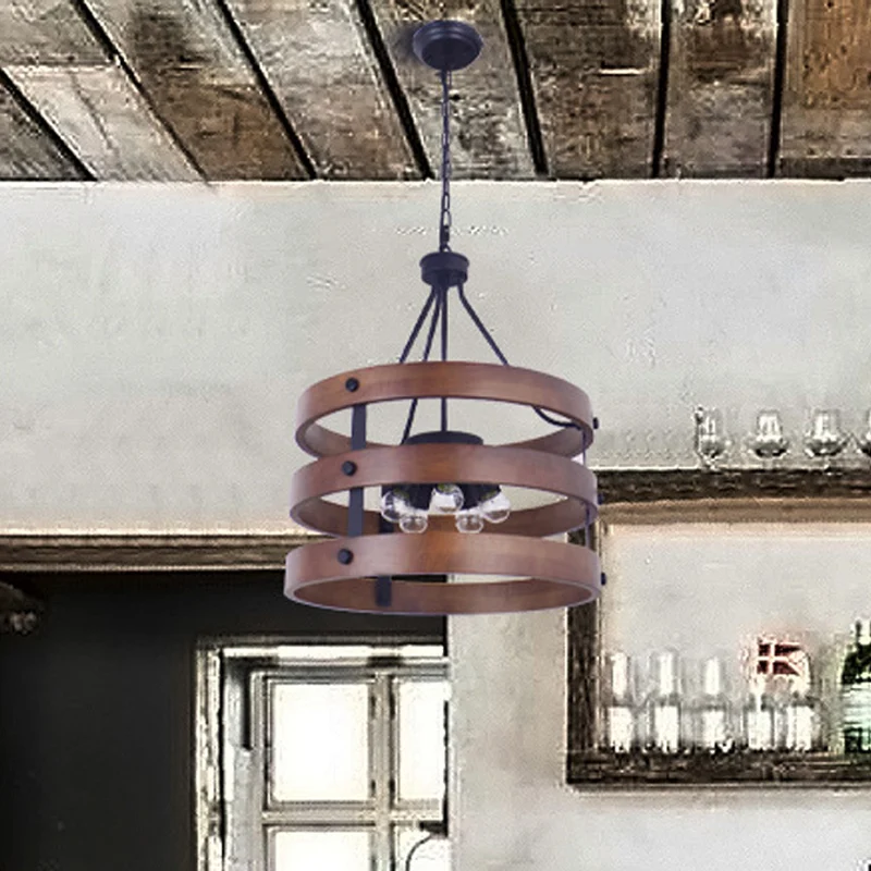 Lustre marron à 5 têtes, éclairage rustique à Suspension ronde en bois pour salle à manger Clearhalo
