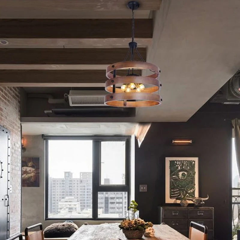 Lustre marron à 5 têtes, éclairage rustique à Suspension ronde en bois pour salle à manger Clearhalo