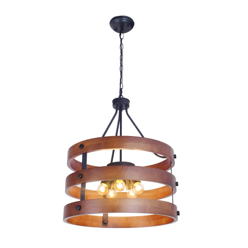 Lustre marron à 5 têtes, éclairage rustique à Suspension ronde en bois pour salle à manger Clearhalo