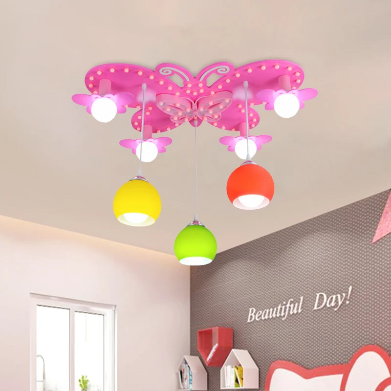Lustre à montage encastré en forme de dôme en verre coloré pour enfant, lustre à 7 têtes avec auvent papillon en rose Clea...