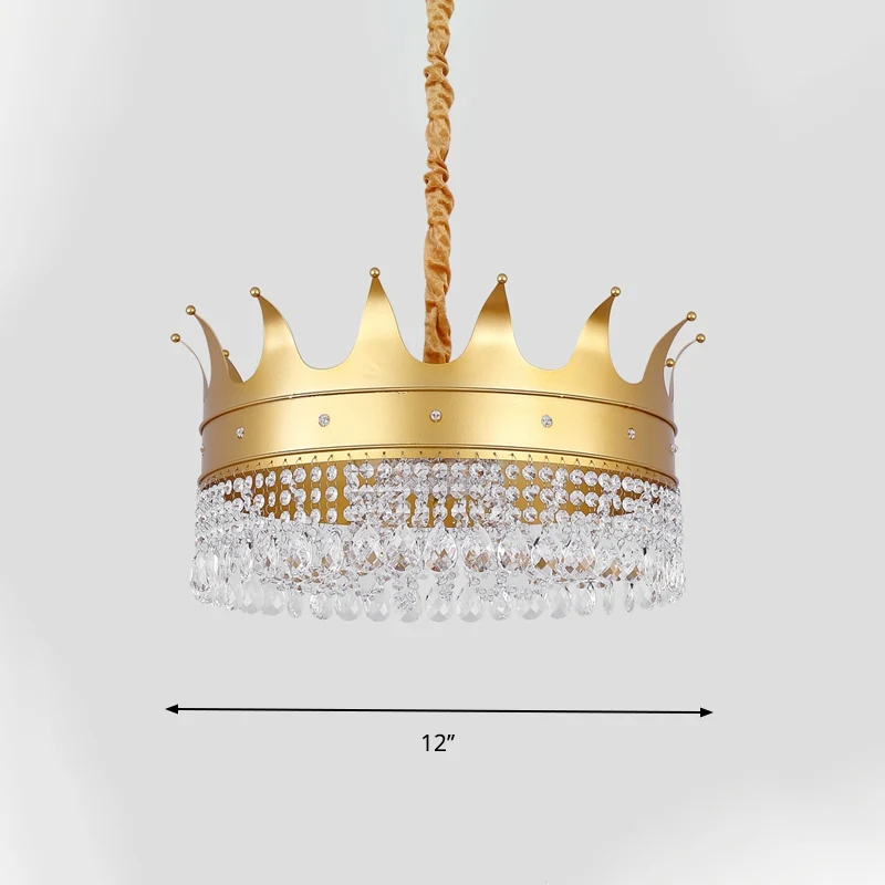 Lustre en métal en forme de couronne, lampe suspendue moderniste à 4 ampoules pour salon, doré avec gouttelette de cristal...