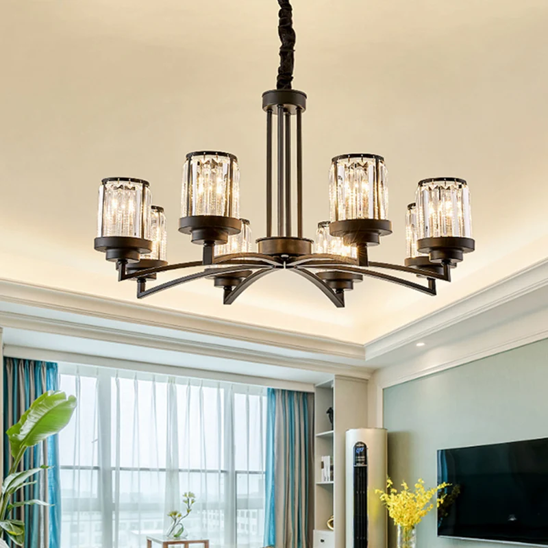 Lustre noir à 8 ampoules, éclairage moderne à Suspension cylindrique en cristal pour salon Clearhalo