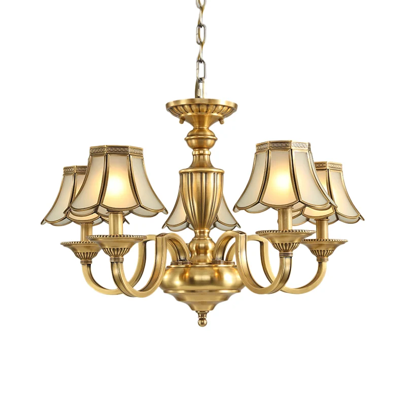 Lustre à panneau en verre dépoli, 6/8/10 lumières, éclairage colonial en laiton poli, lampe suspendue évasée pour chambre...