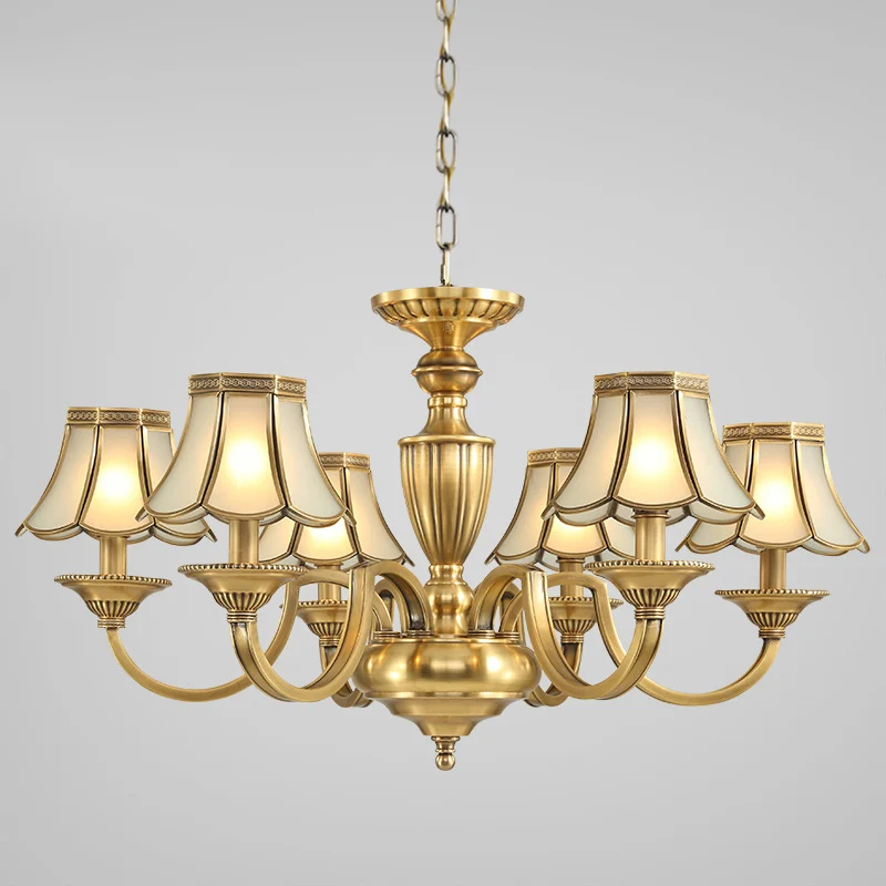 Lustre à panneau en verre dépoli, 6/8/10 lumières, éclairage colonial en laiton poli, lampe suspendue évasée pour chambre...