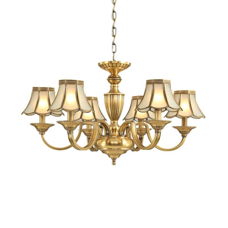 Lustre à panneau en verre dépoli, 6/8/10 lumières, éclairage colonial en laiton poli, lampe suspendue évasée pour chambre...