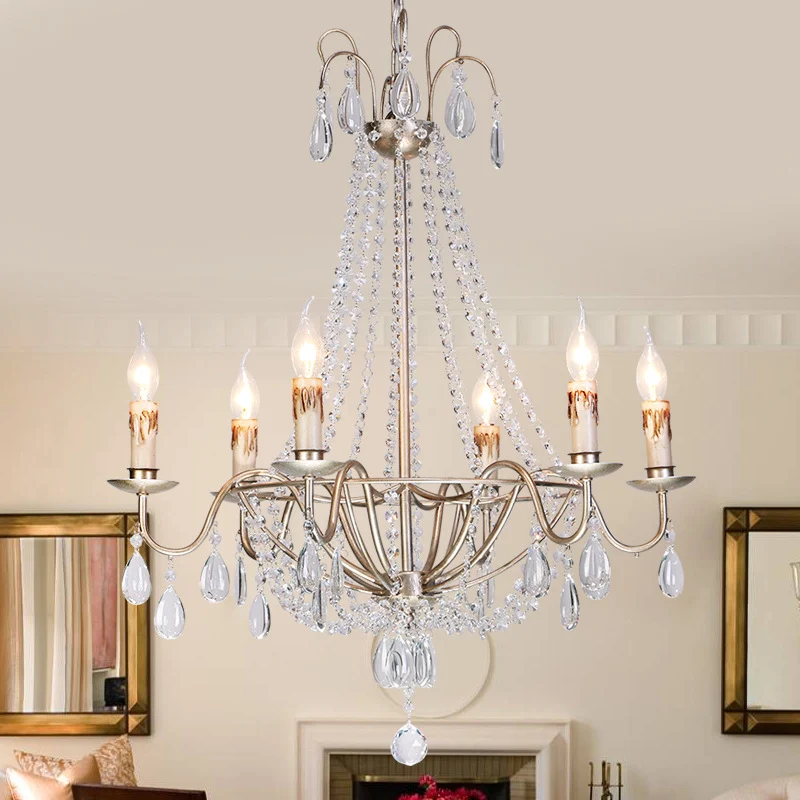 Lustre en perles de cristal clair, lampe moderniste à 6 têtes, luminaire suspendu en finition dorée pour chambre à coucher...