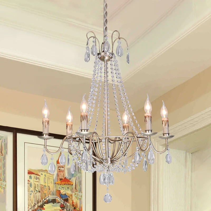 Lustre en perles de cristal clair, lampe moderniste à 6 têtes, luminaire suspendu en finition dorée pour chambre à coucher...