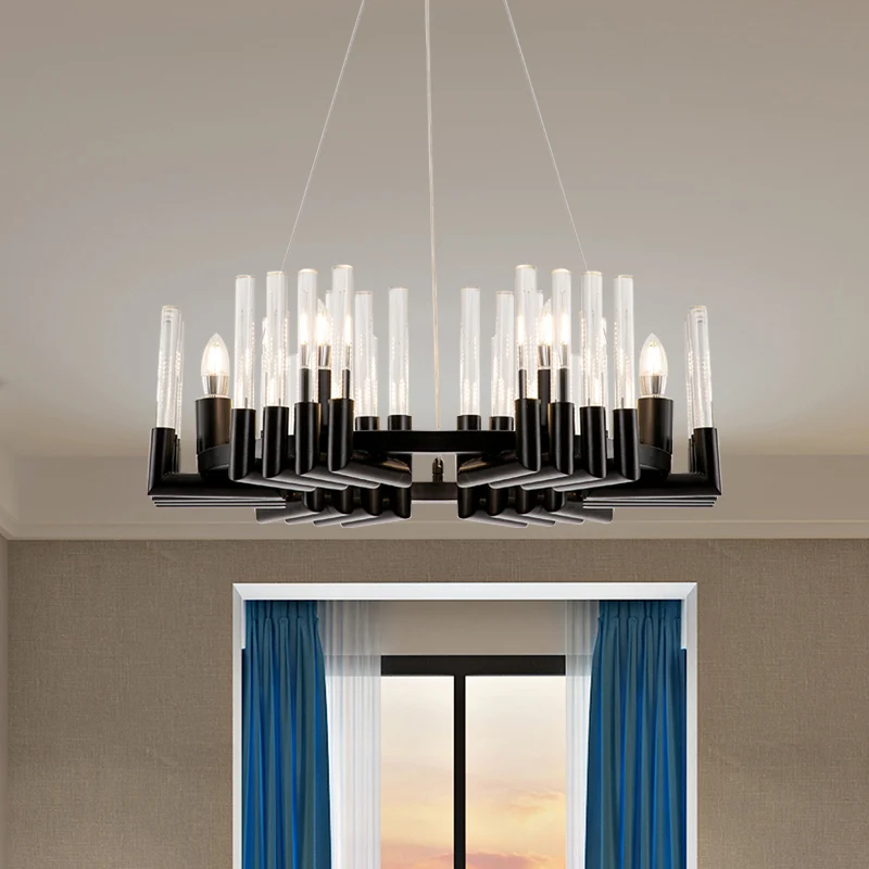 Lustre de plafond candélabre en cristal clair, 6 lumières minimales, finition noire, Kit de lampes suspendues pour salle à...