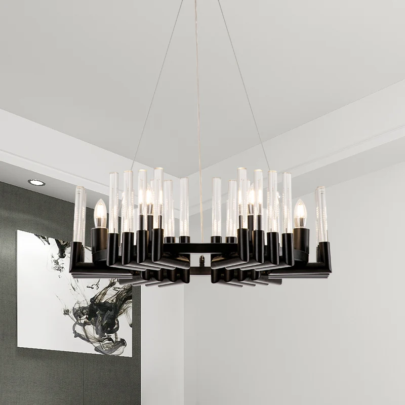 Lustre de plafond candélabre en cristal clair, 6 lumières minimales, finition noire, Kit de lampes suspendues pour salle à...