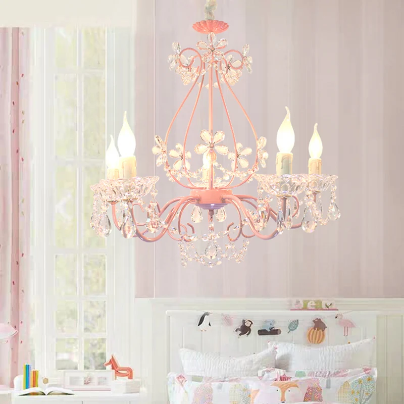 Lustre de plafond de chambre à coucher en forme de bougie, luminaire suspendu traditionnel en cristal K9 à 3/5 têtes rose...