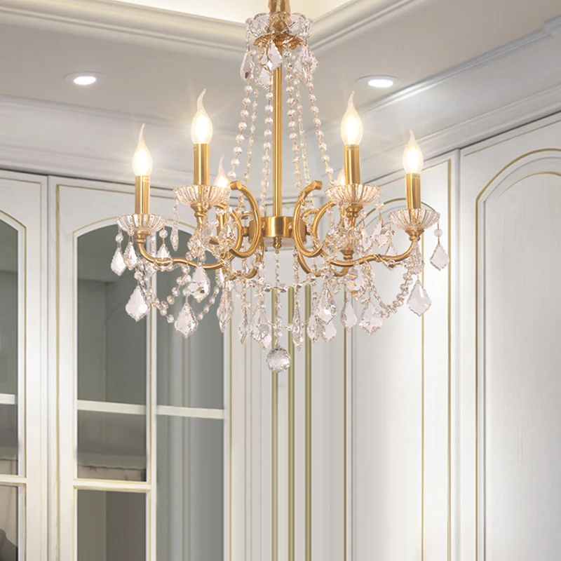 Lustre de plafond en forme de bougie pour hall de salle à manger, luminaire suspendu en cristal antique à 6 lumières dorée...