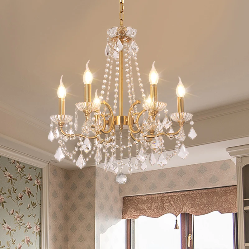 Lustre de plafond en forme de bougie pour hall de salle à manger, luminaire suspendu en cristal antique à 6 lumières dorée...