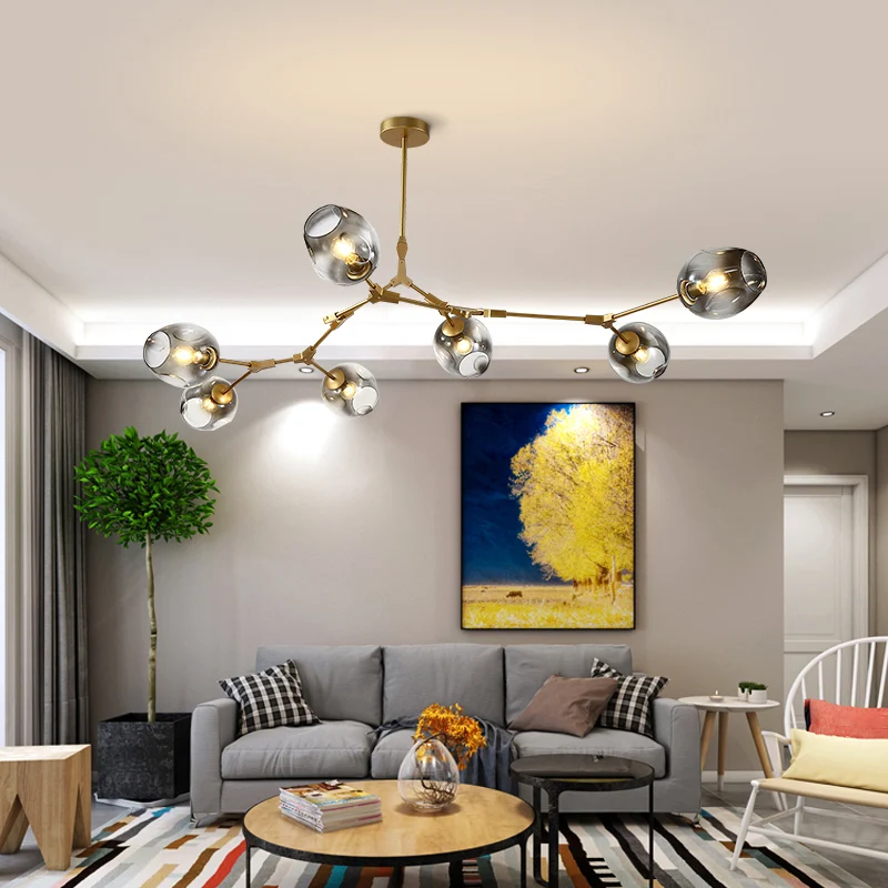 Lustre de plafond postmoderne, structure DNA, suspension avec abat-jour en verre à fossettes Clearhalo