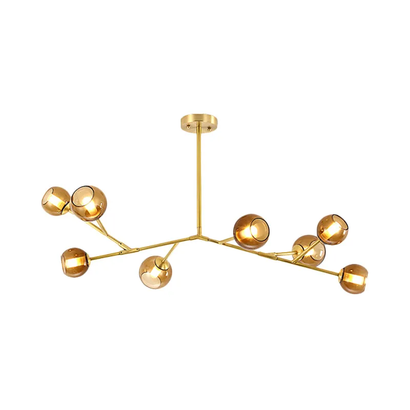 Lustre de plafond de salon à 8 ampoules, luminaire suspendu moderne en laiton avec abat-jour en verre ambré Clearhalo