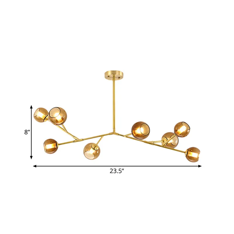 Lustre de plafond de salon à 8 ampoules, luminaire suspendu moderne en laiton avec abat-jour en verre ambré Clearhalo