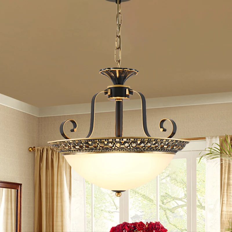 Lustre de plafond en verre opale en forme de dôme, lampe à Suspension traditionnelle à 3 lumières pour salle à manger en l...