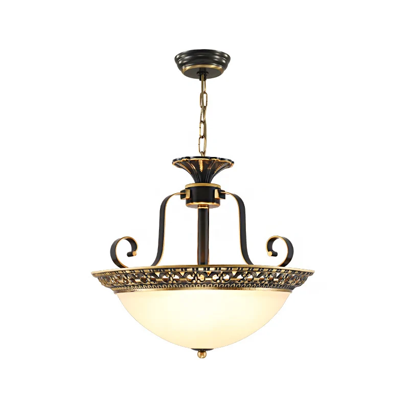 Lustre de plafond en verre opale en forme de dôme, lampe à Suspension traditionnelle à 3 lumières pour salle à manger en l...
