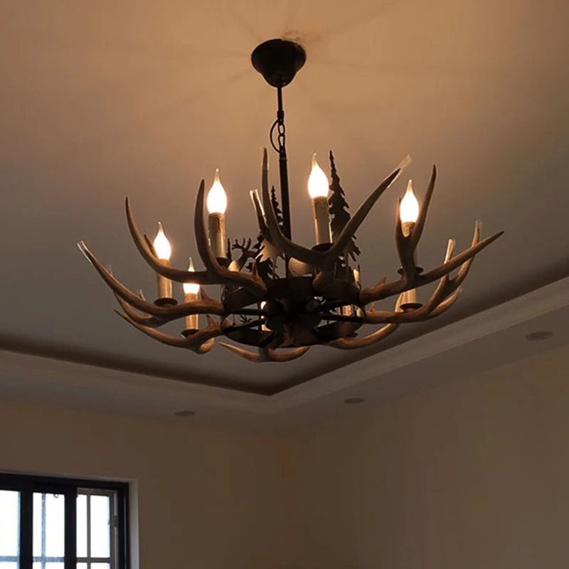 Lustre en résine à 8 ampoules, éclairage rustique à Suspension d'intérieur en bois de cerf marron clair avec accent de pin...
