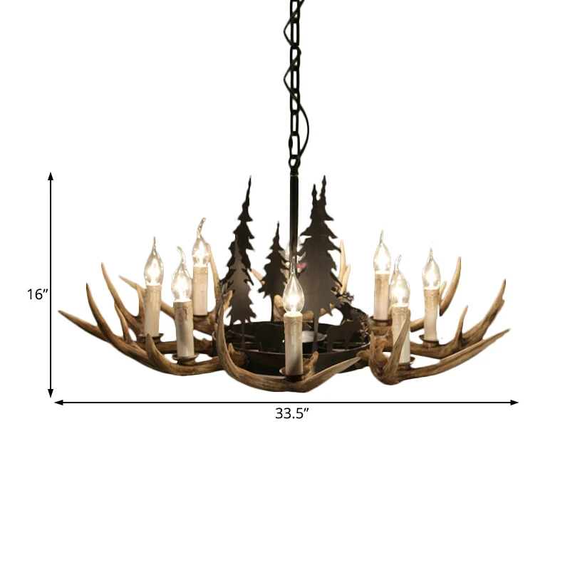 Lustre en résine à 8 ampoules, éclairage rustique à Suspension d'intérieur en bois de cerf marron clair avec accent de pin...
