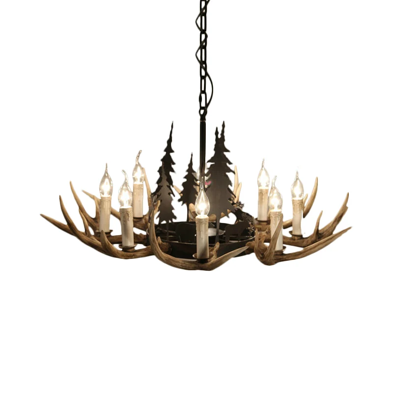Lustre en résine à 8 ampoules, éclairage rustique à Suspension d'intérieur en bois de cerf marron clair avec accent de pin...