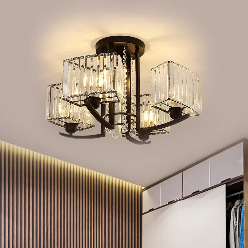 Lustre semi-affleurant cuboïde noir à 5 têtes de style simple avec abat-jour en cristal clair Clearhalo