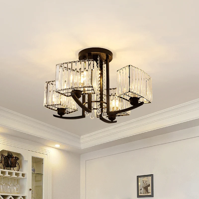 Lustre semi-affleurant cuboïde noir à 5 têtes de style simple avec abat-jour en cristal clair Clearhalo