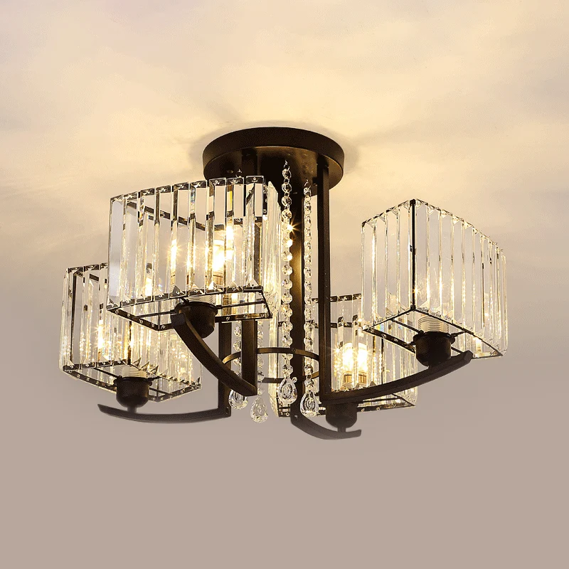 Lustre semi-affleurant cuboïde noir à 5 têtes de style simple avec abat-jour en cristal clair Clearhalo