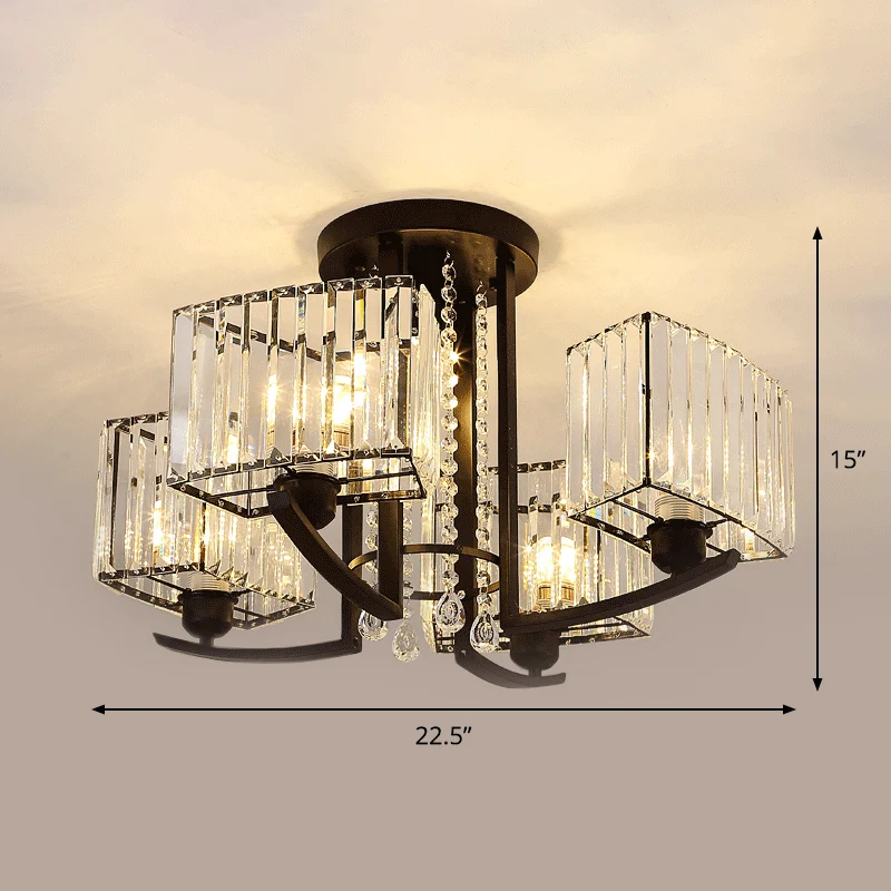 Lustre semi-affleurant cuboïde noir à 5 têtes de style simple avec abat-jour en cristal clair Clearhalo