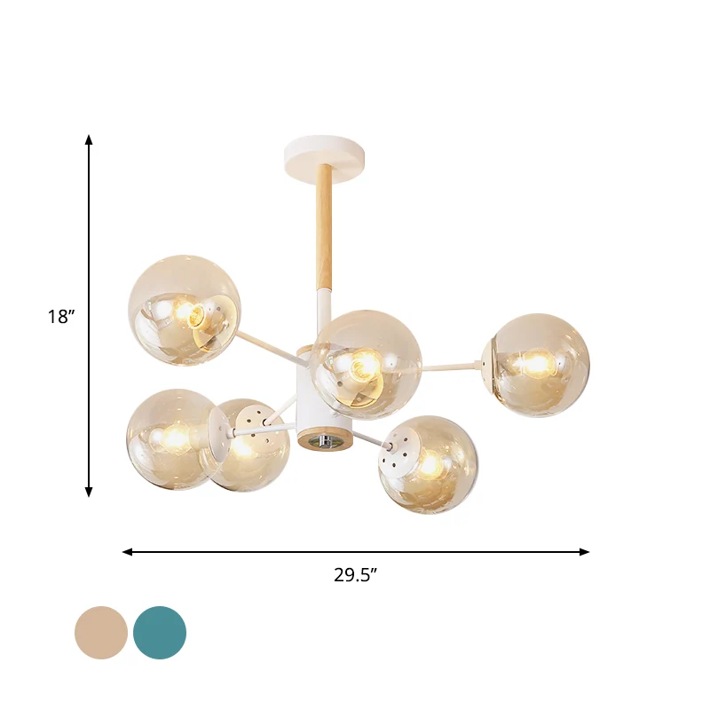 Lustre suspendu à abat-jour sphérique en verre blanc/bleu/ambre, lampe suspendue blanche moderne à 6/8/9 lumières Clearhalo