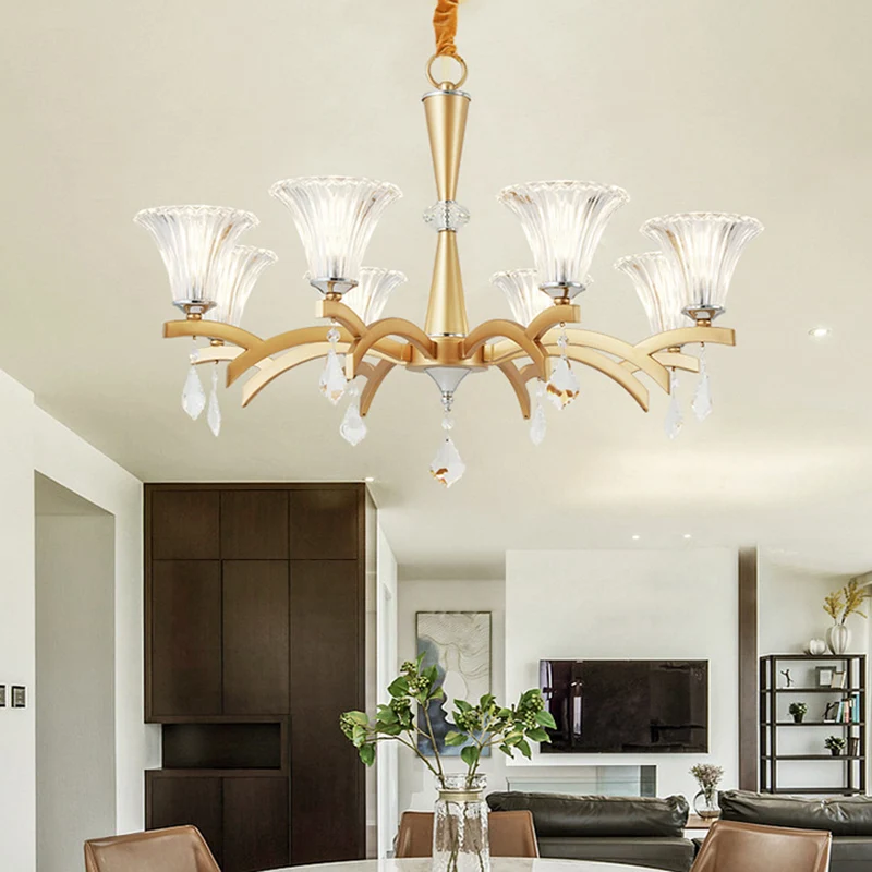 Lustre suspendu en or à 6/8 ampoules, éclairage suspendu moderne avec abat-jour en forme de cloche, Design en cristal clai...