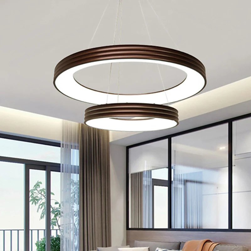 Lustre suspendu à anneau moderne à 2 niveaux en métal, plafonnier Led pour salon, marron, blanc/chaud/lumière naturelle Cl...