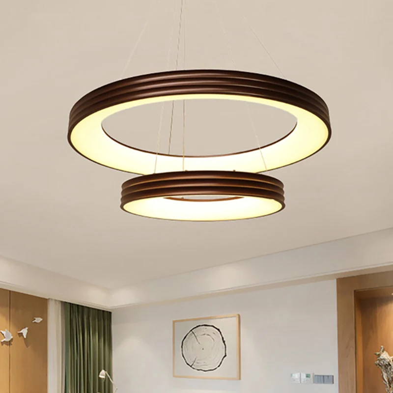 Lustre suspendu à anneau moderne à 2 niveaux en métal, plafonnier Led pour salon, marron, blanc/chaud/lumière naturelle Cl...