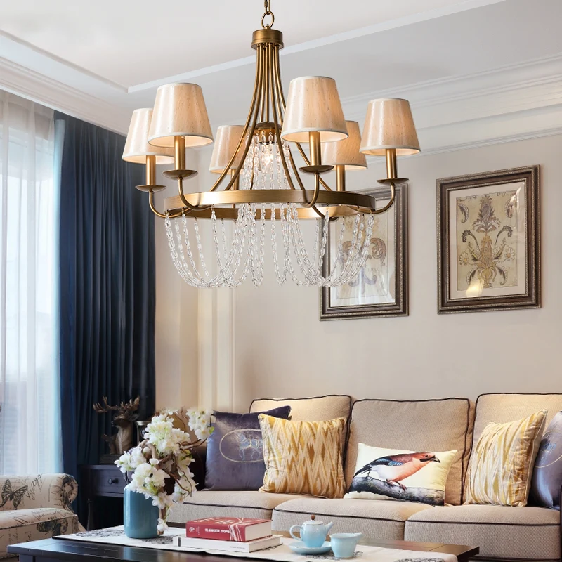 Lustre suspendu à bras en laiton, luminaire suspendu traditionnel en métal à 6 têtes avec abat-jour en tissu conique Clear...