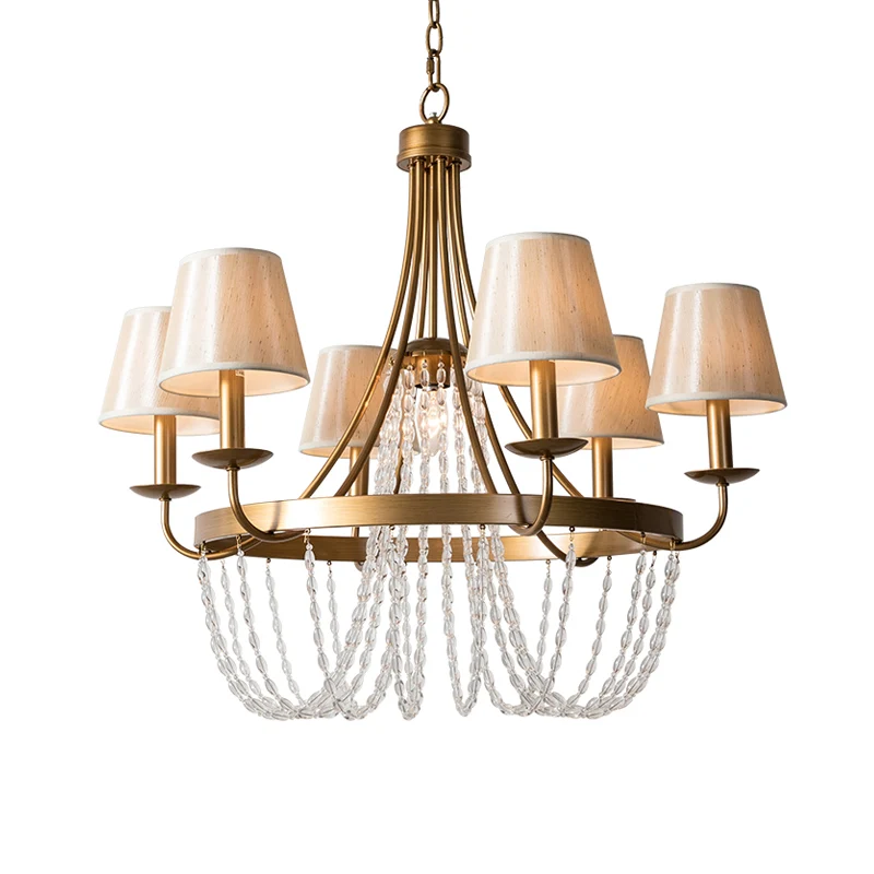 Lustre suspendu à bras en laiton, luminaire suspendu traditionnel en métal à 6 têtes avec abat-jour en tissu conique Clear...