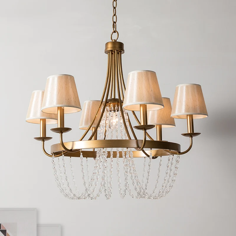 Lustre suspendu à bras en laiton, luminaire suspendu traditionnel en métal à 6 têtes avec abat-jour en tissu conique Clear...