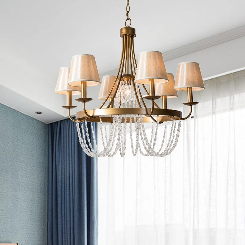 Lustre suspendu à bras en laiton, luminaire suspendu traditionnel en métal à 6 têtes avec abat-jour en tissu conique Clear...