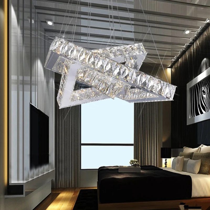 Lustre suspendu carré en cristal de 16 "/19.5", large, moderne, chromé, LED, lumière chaude/blanche/naturelle, pour chambr...