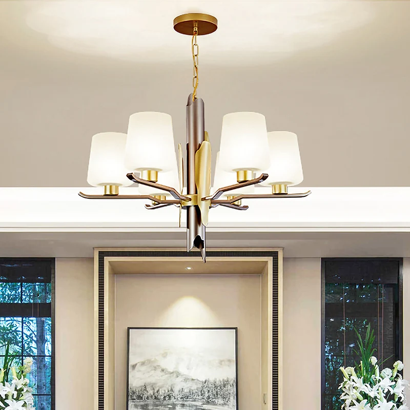 Lustre suspendu conique en verre dépoli, plafonnier contemporain à 6 têtes en or Clearhalo