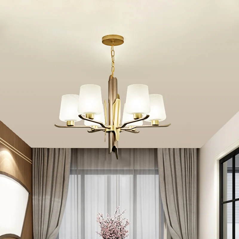 Lustre suspendu conique en verre dépoli, plafonnier contemporain à 6 têtes en or Clearhalo