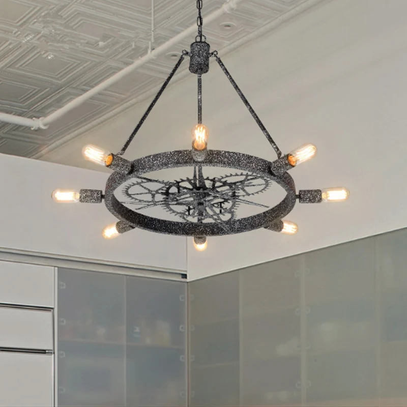 Lustre suspendu en fer à 7/8 ampoules, industriel, noir/argent, roue dentée, Table à manger, luminaire suspendu avec conce...