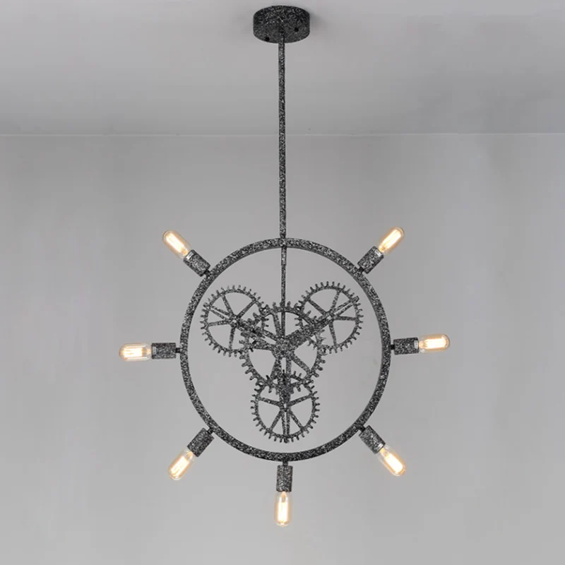 Lustre suspendu en fer à 7/8 ampoules, industriel, noir/argent, roue dentée, Table à manger, luminaire suspendu avec conce...