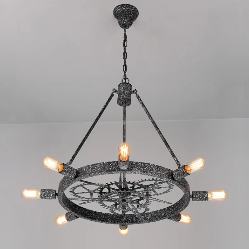 Lustre suspendu en fer à 7/8 ampoules, industriel, noir/argent, roue dentée, Table à manger, luminaire suspendu avec conce...