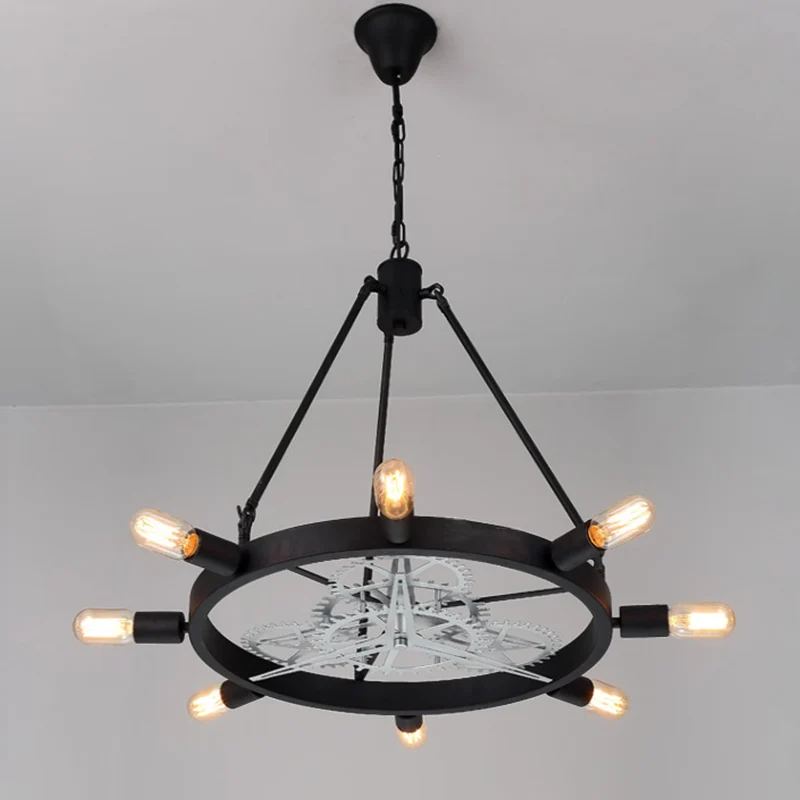 Lustre suspendu en fer à 7/8 ampoules, industriel, noir/argent, roue dentée, Table à manger, luminaire suspendu avec conce...