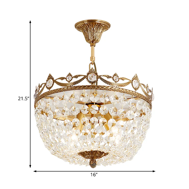 Lustre suspendu en forme de bol traditionnel, suspension en cristal à 4 ampoules en laiton pour couloir Clearhalo
