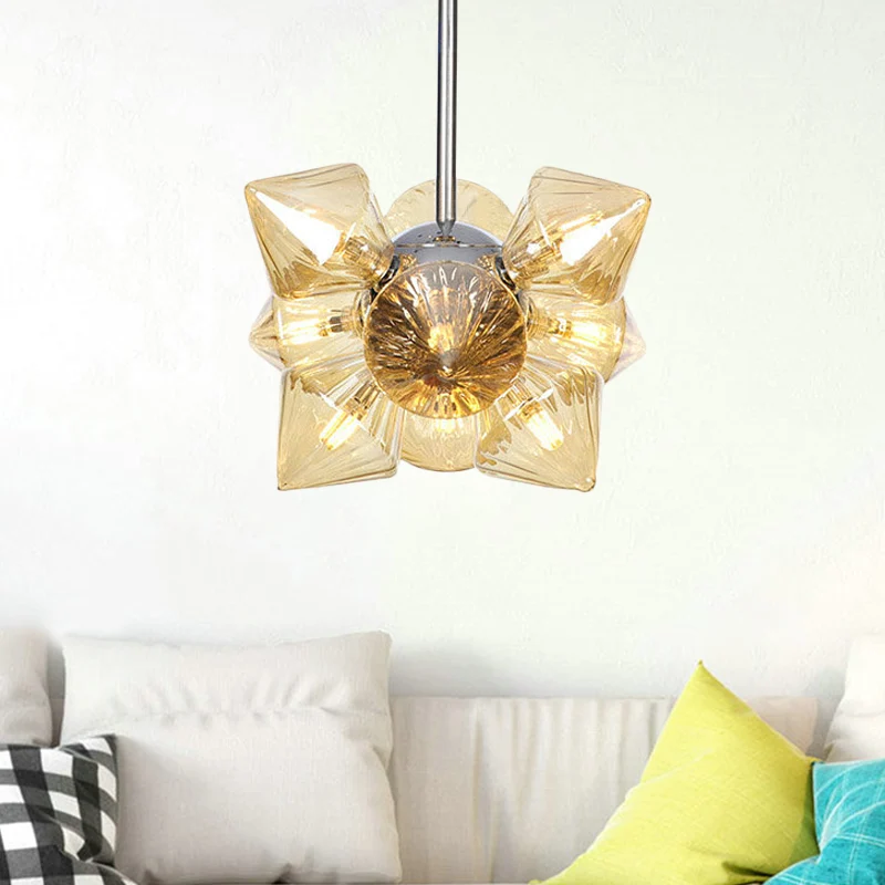 Lustre suspendu en forme de diamant, modernisme, verre ambré, 9/12 têtes, luminaire suspendu en Chrome Clearhalo
