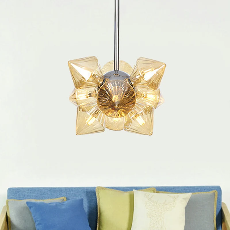 Lustre suspendu en forme de diamant, modernisme, verre ambré, 9/12 têtes, luminaire suspendu en Chrome Clearhalo
