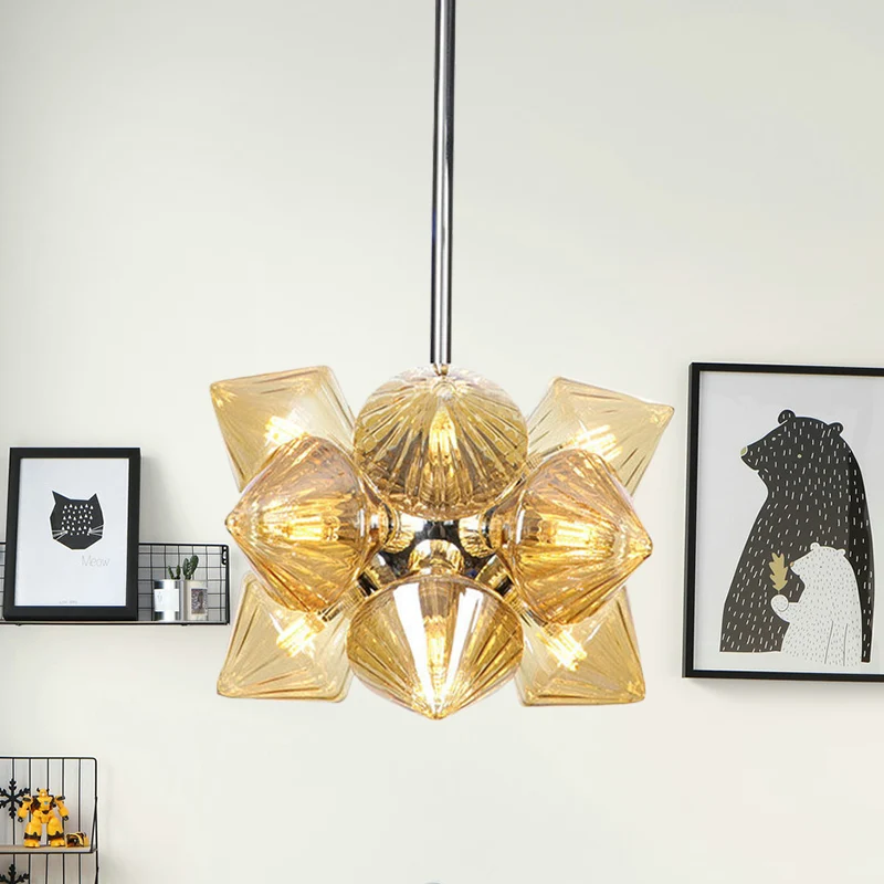 Lustre suspendu en forme de diamant, modernisme, verre ambré, 9/12 têtes, luminaire suspendu en Chrome Clearhalo
