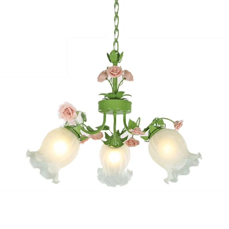 Lustre suspendu en forme de fleur pastorale, 3/5 têtes, lustre en verre blanc, luminaire vert pour salon Clearhalo