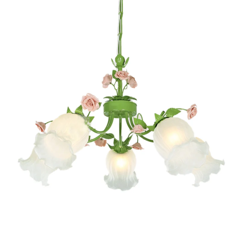 Lustre suspendu en forme de fleur pastorale, 3/5 têtes, lustre en verre blanc, luminaire vert pour salon Clearhalo