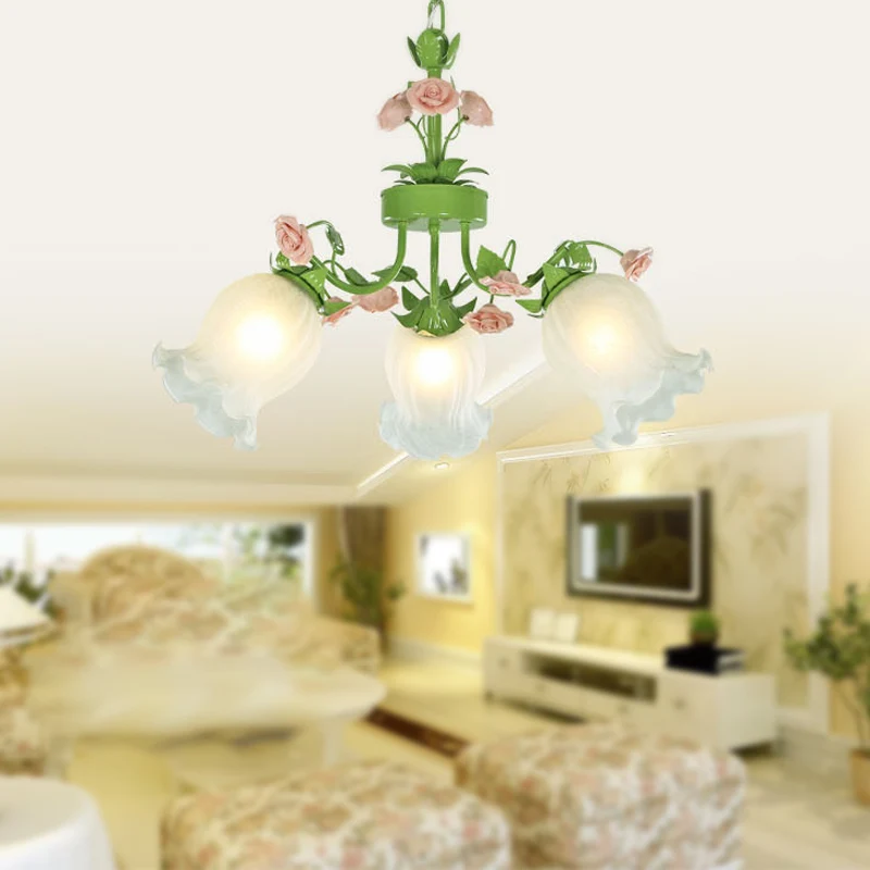 Lustre suspendu en forme de fleur pastorale, 3/5 têtes, lustre en verre blanc, luminaire vert pour salon Clearhalo